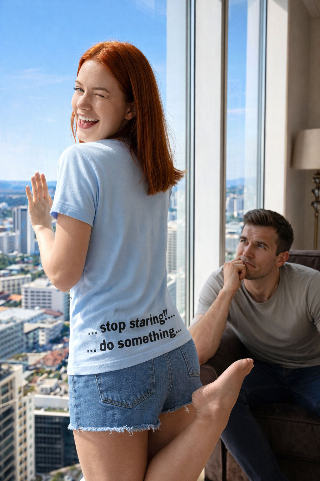 Playful woman posing by a window in the stop staring do something tee ideal for flirtatious friends.