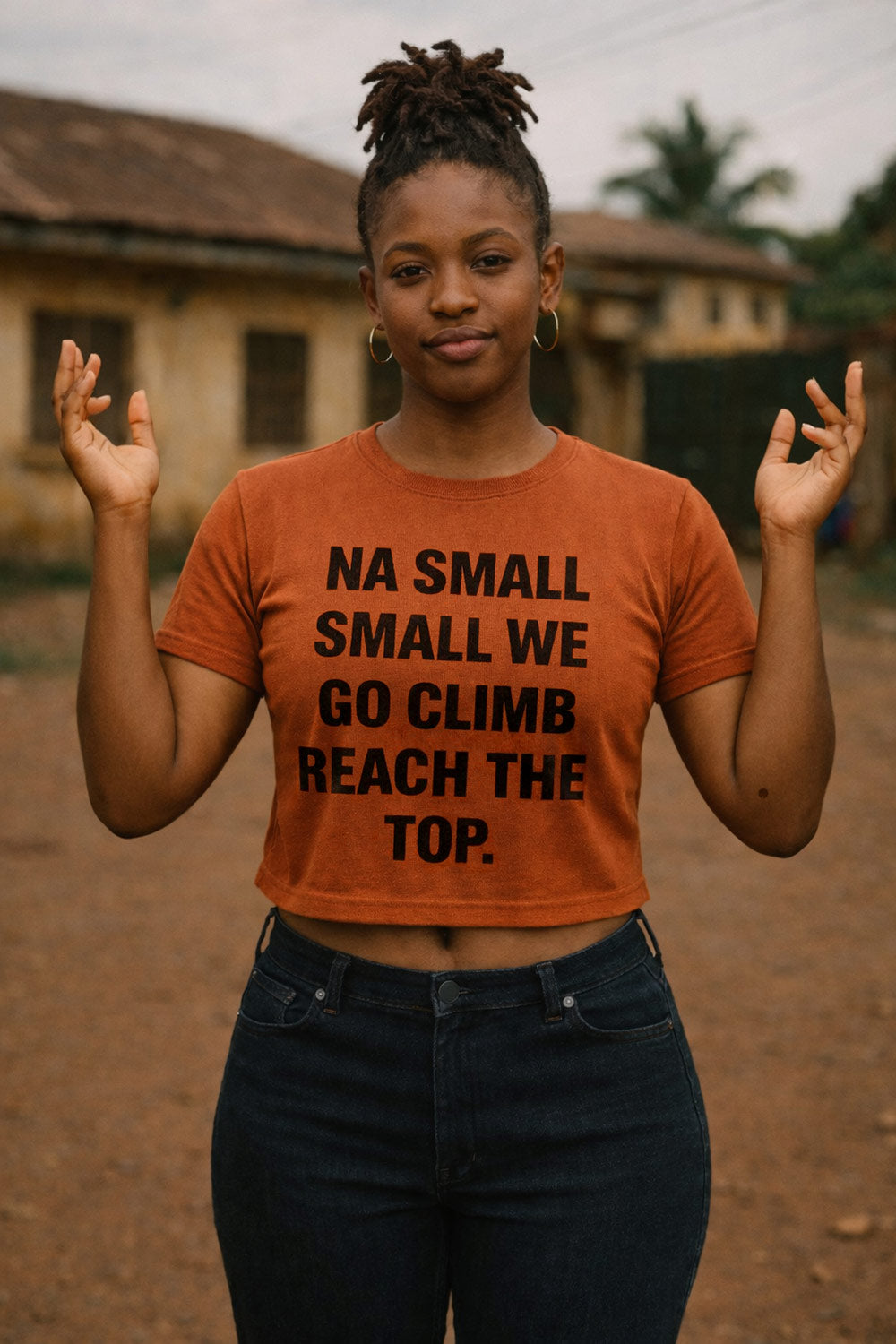 Confident woman open hands wear na small small we go climb reach the top crop top for success.