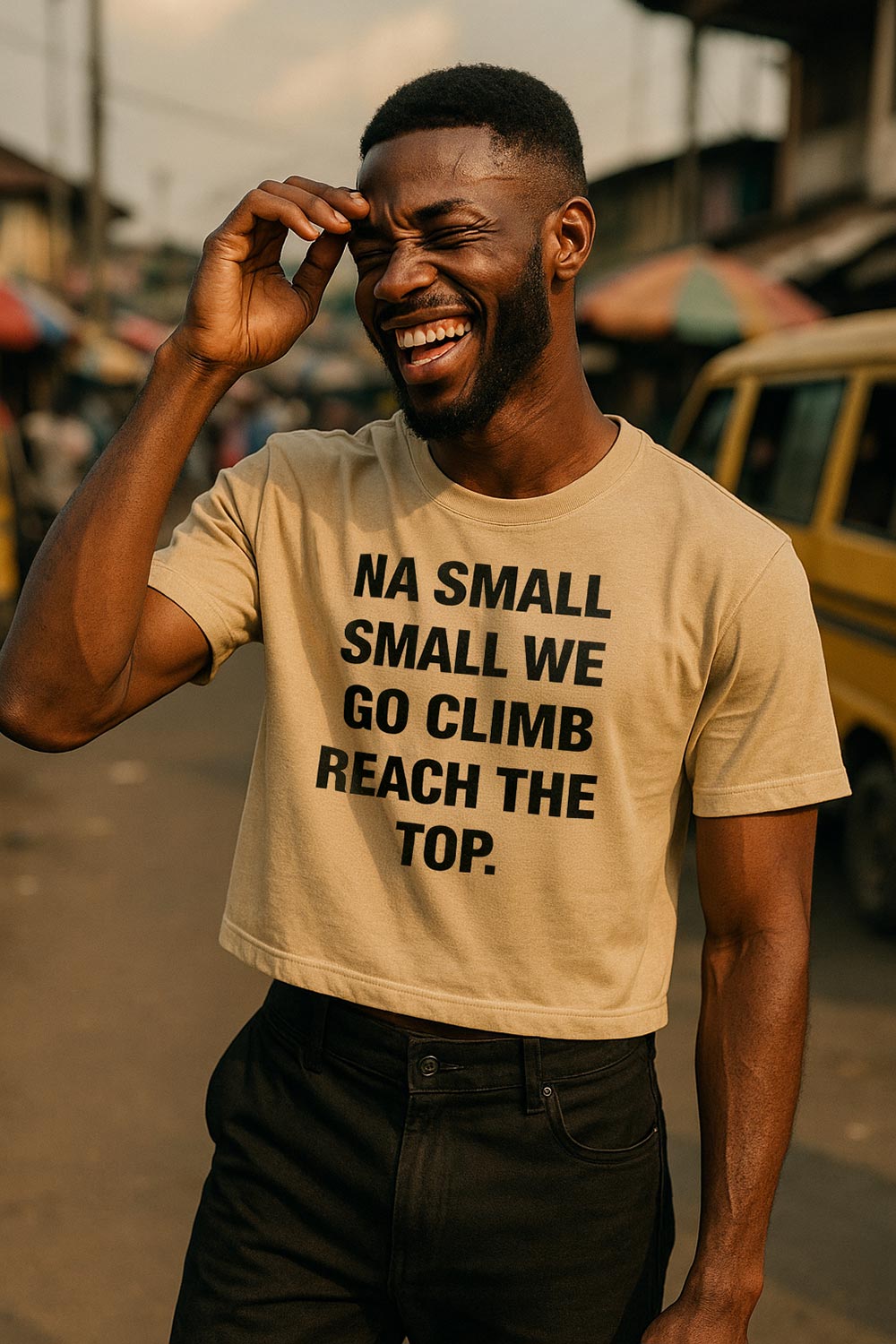 Smiling lady wave hand wear na small small we go climb reach the top crop top as gift.