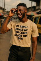 Smiling lady wave hand wear na small small we go climb reach the top crop top as gift.