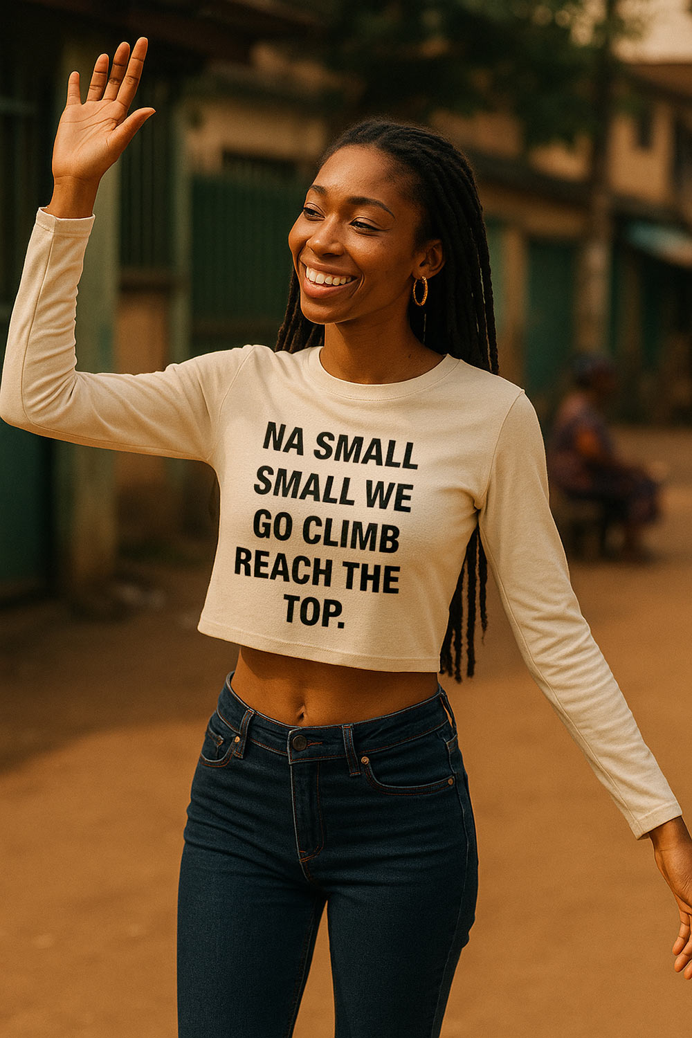 Happy man touch head wear na small small we go climb reach the top shirt to enjoy process.