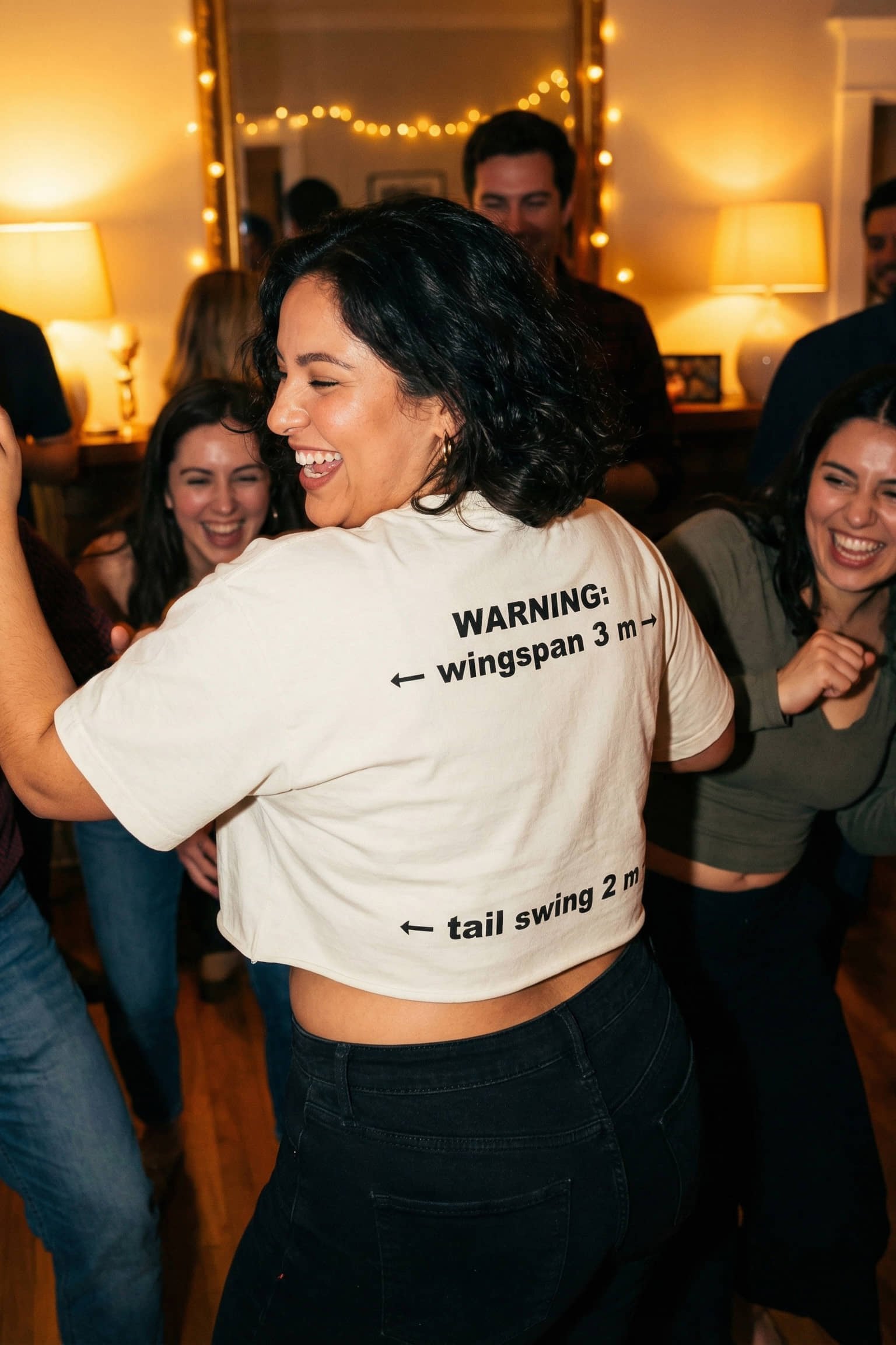 Happy woman wearing warning wingspan 3 m tail swing 2 m having a big presence, ideal friend gift.