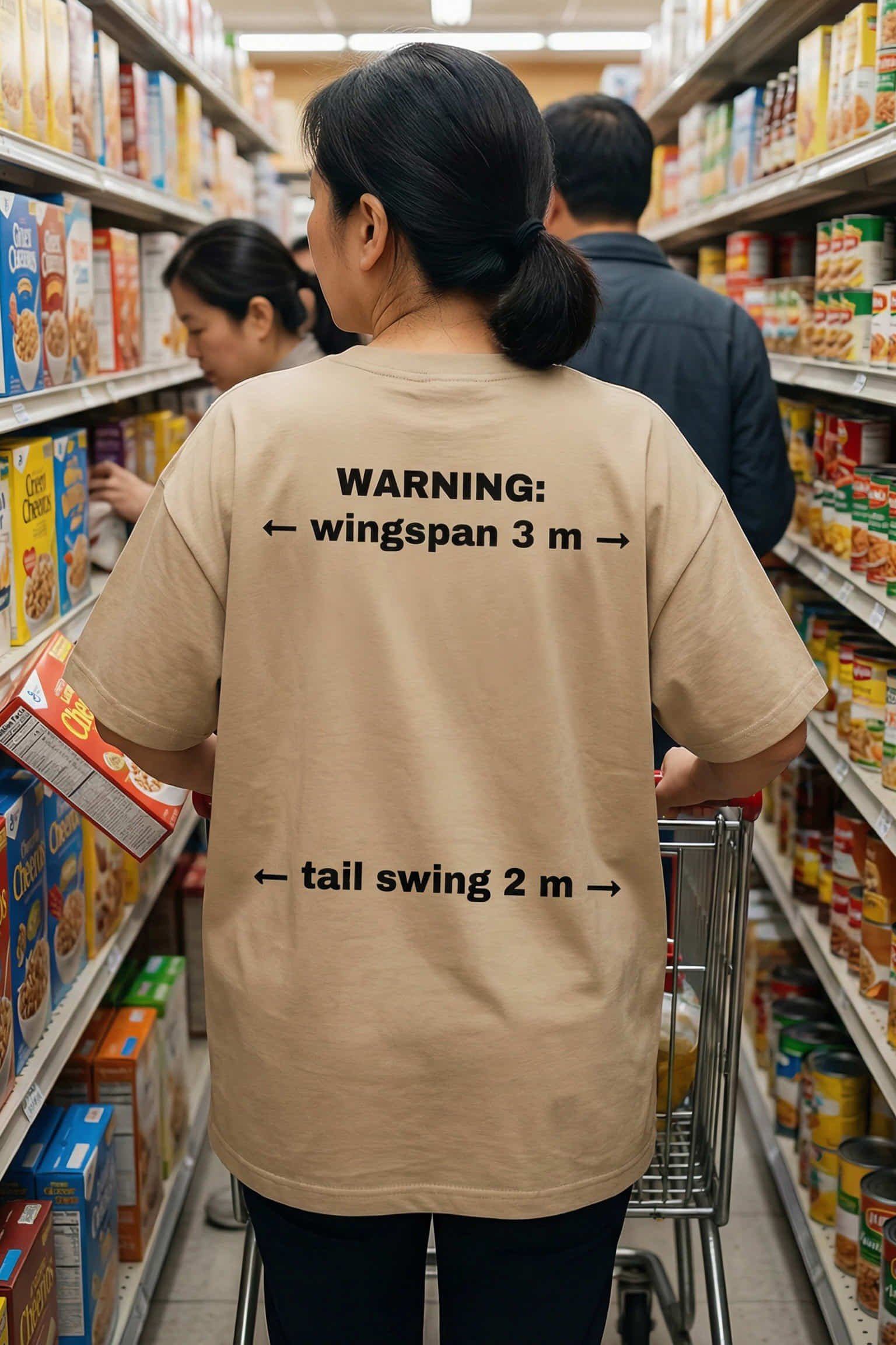Woman shopping wearing warning wingspan 3 m tail swing 2 m taking over space, perfect funny gift.