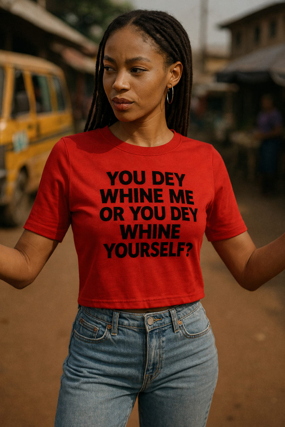 Serious woman wear you dey whine me or you dey whine yourself top to reject fake story.
