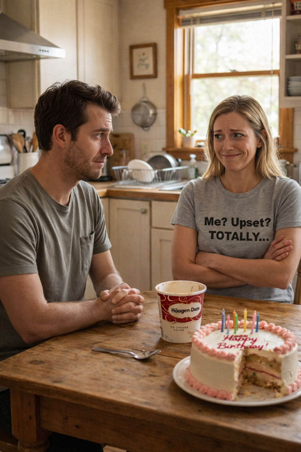 Sarcastic woman staring at a man over cake wearing me upset totally shirt making a funny gift.
