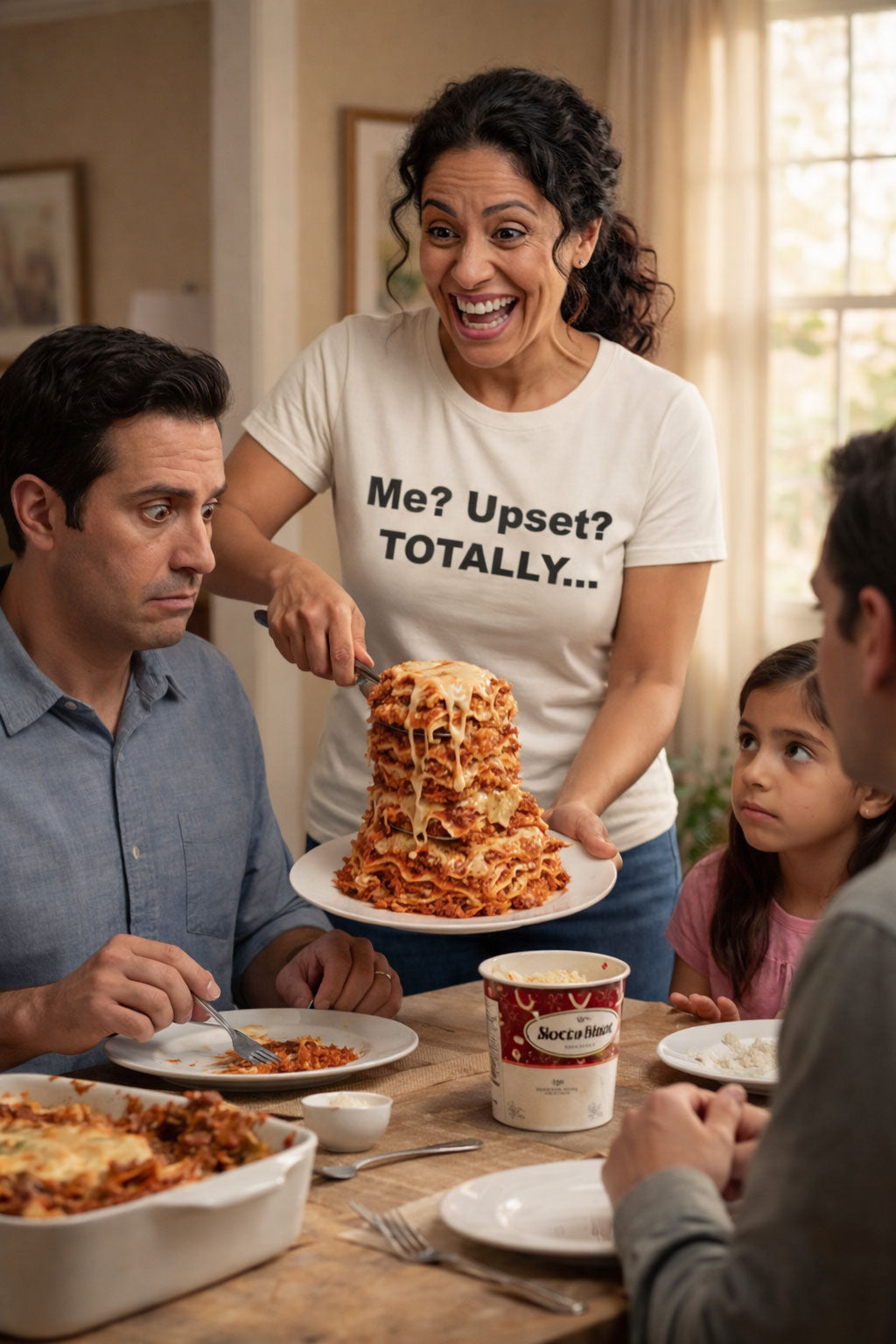 Cheerful woman serving massive spaghetti wearing the me upset totally shirt bringing humor to frustrating situations.