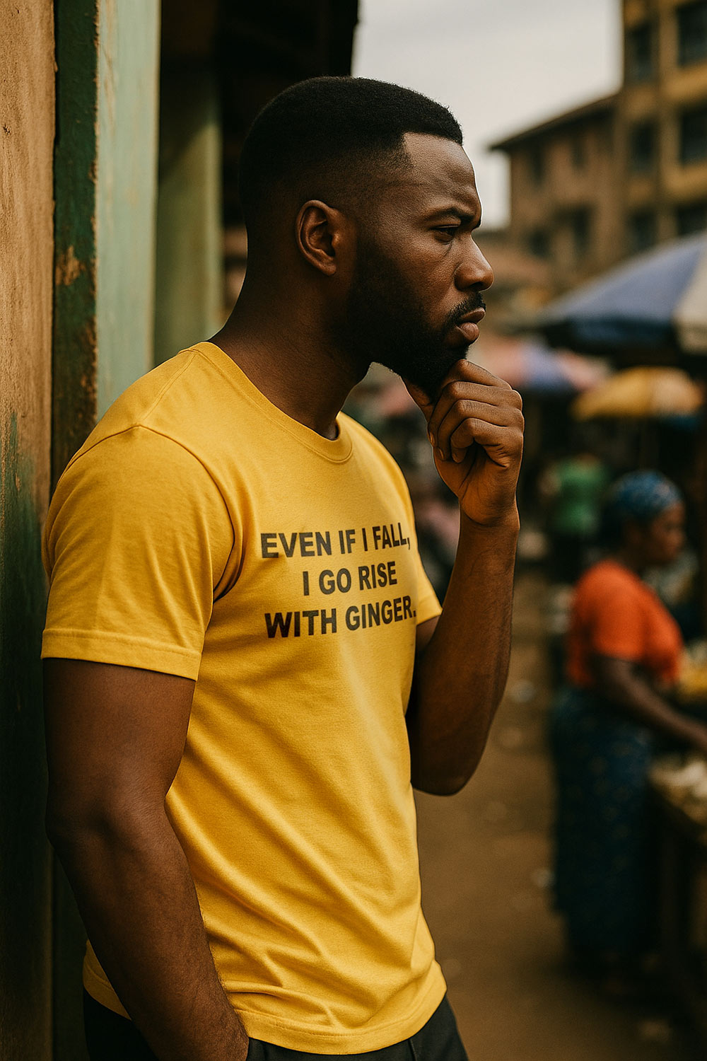 Thoughtful man touch beard wear even if i fall i go rise with ginger shirt for resilience.