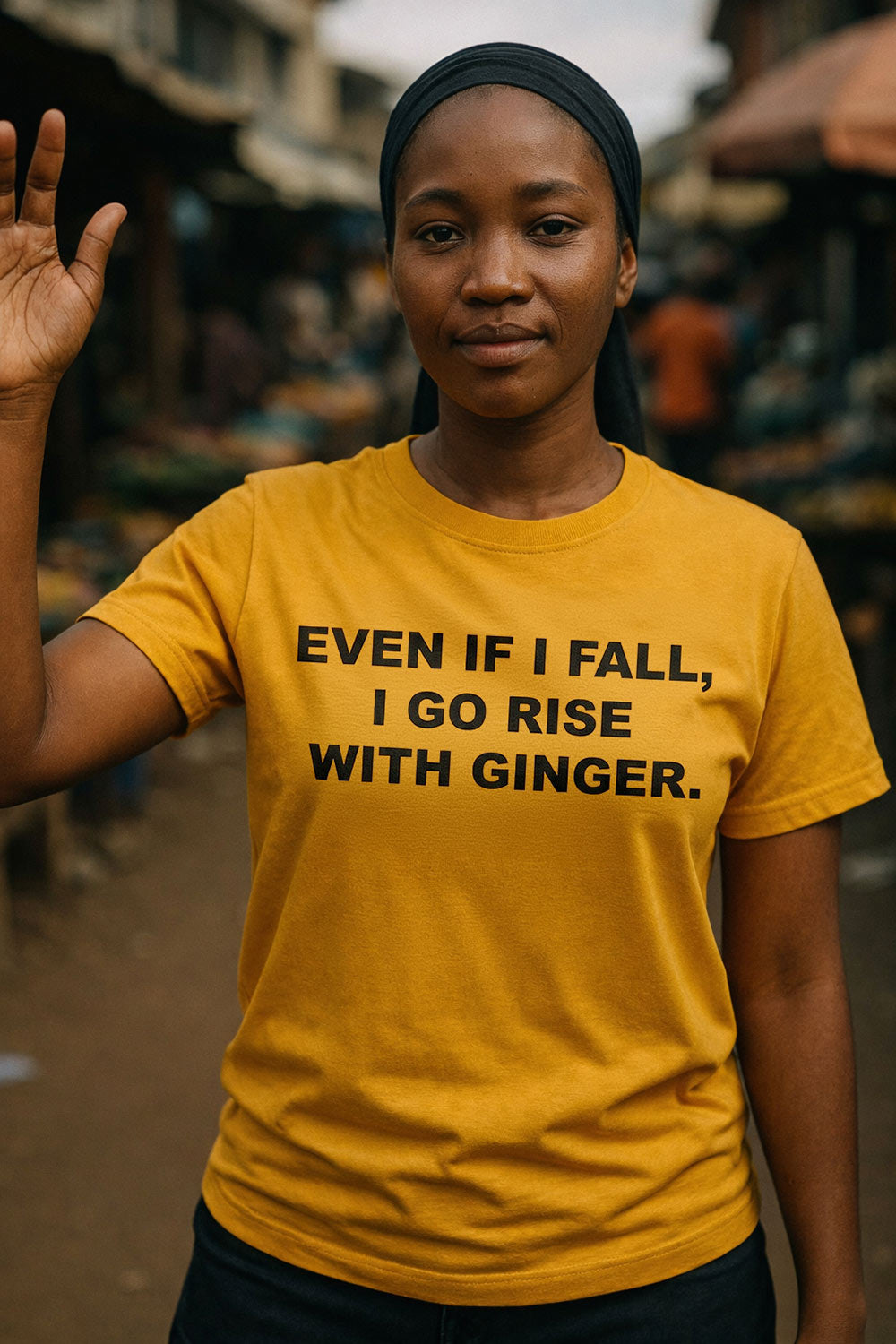 Happy lady wave hand wear even if i fall i go rise with ginger tee as gift.