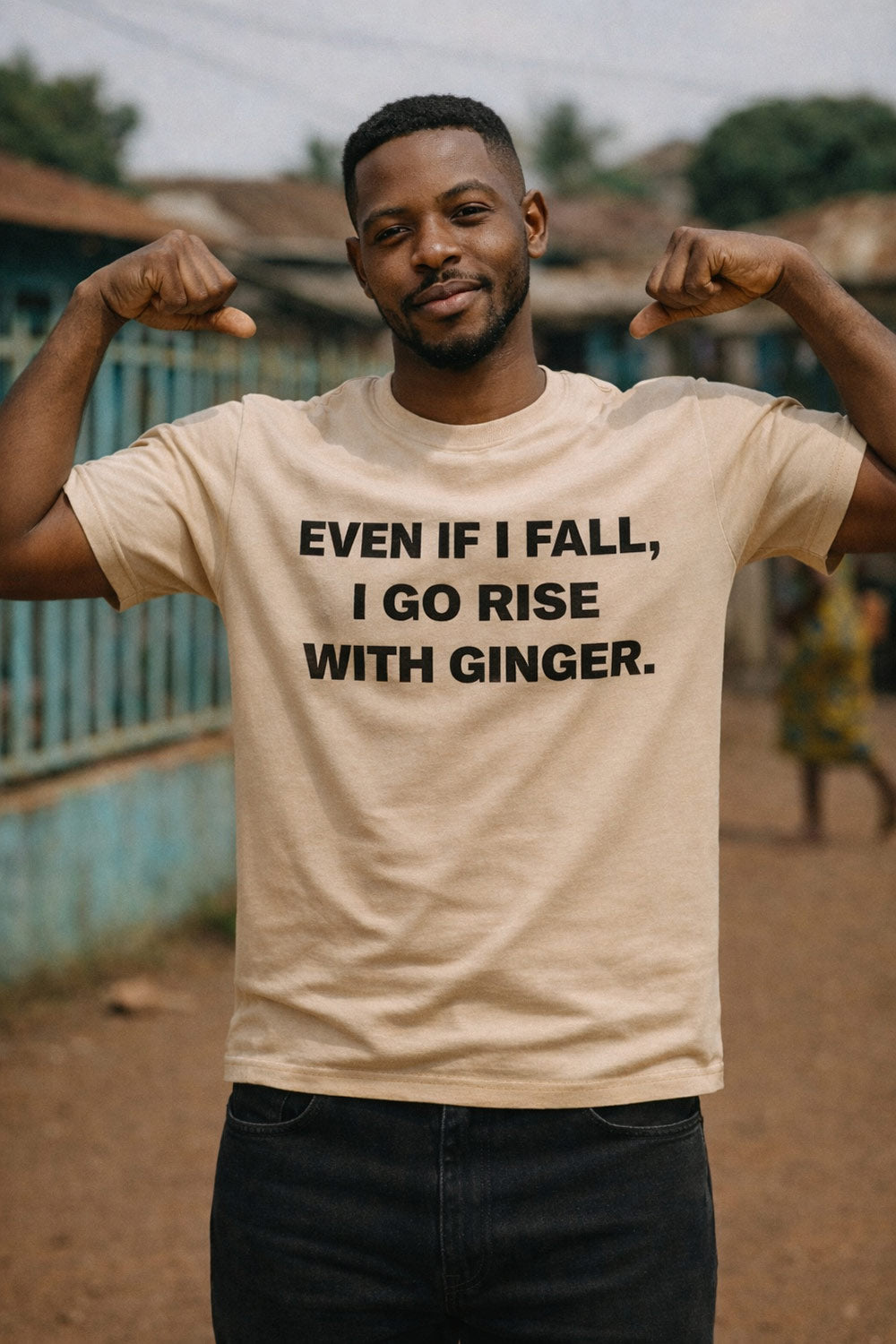 Strong man flex muscles wear even if i fall i go rise with ginger shirt with determination.