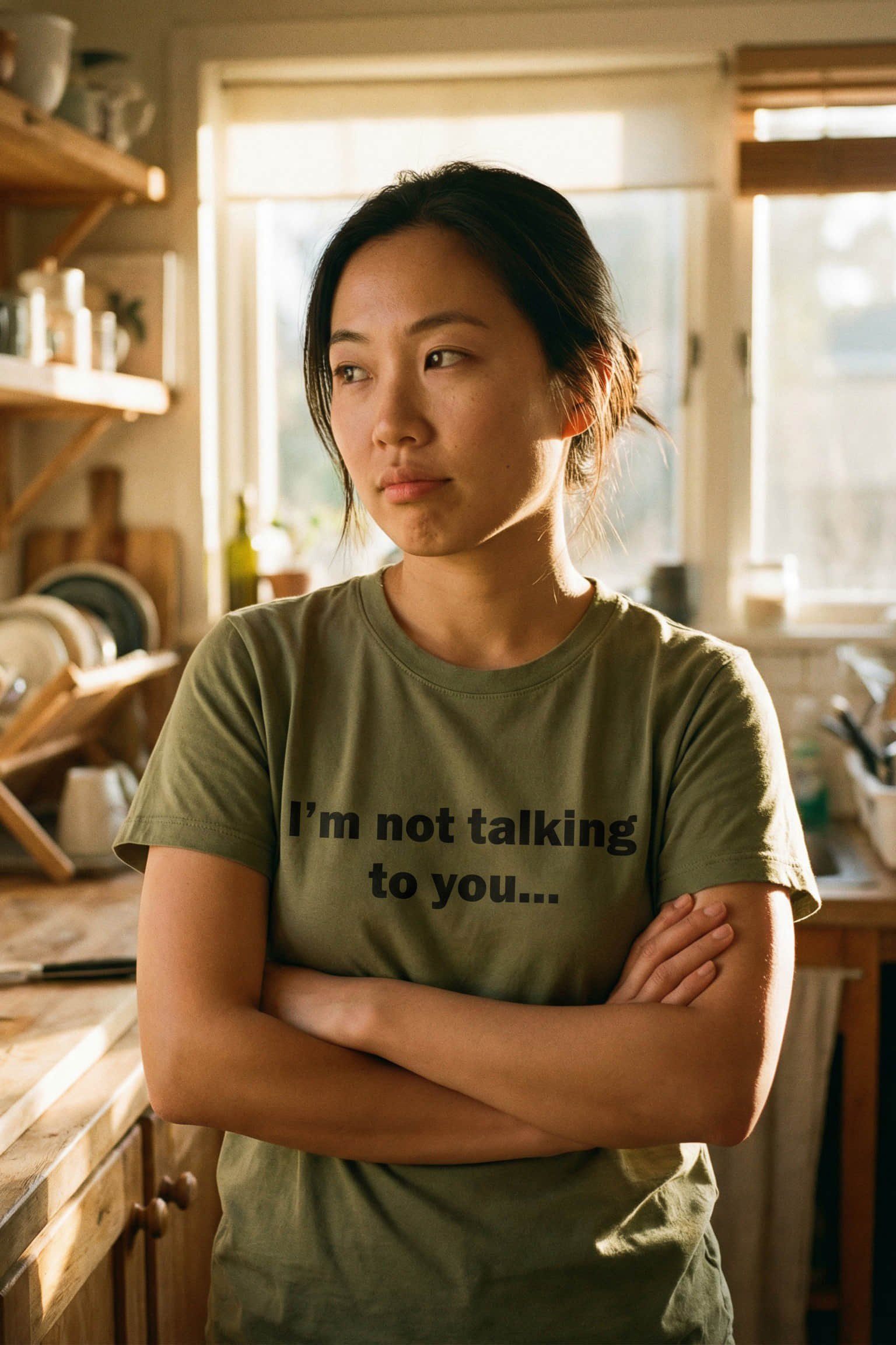 Relaxed woman with crossed arms wearing I'm not talking to you drawing the line, perfect introvert gift.