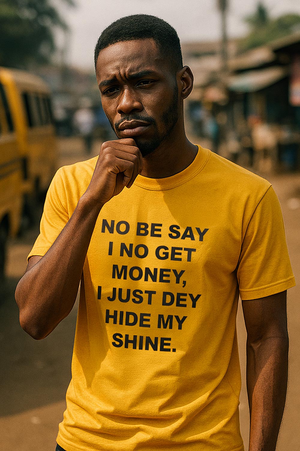 Calm guy touch chin wear no be say i no get money i just dey hide my shine.