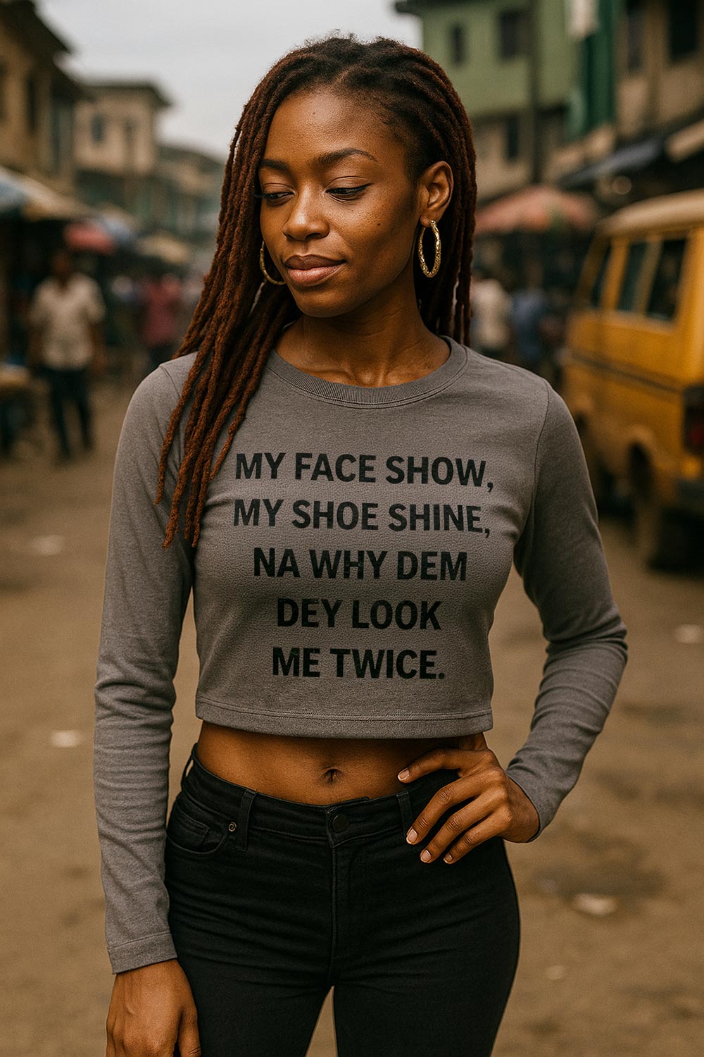 Fine woman stand wear my face show my shoe shine crop top as she naturally attract attention everywhere.
