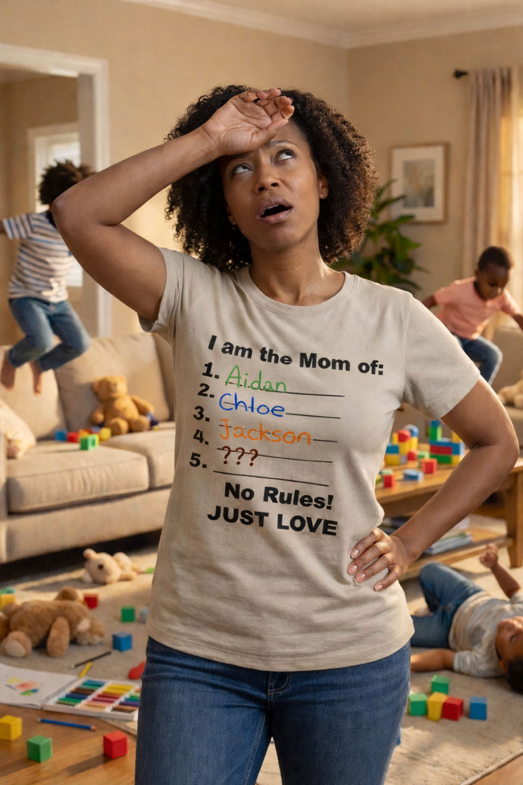 Overwhelmed mother in a messy room wearing the I am the mom of no rules just love tee.