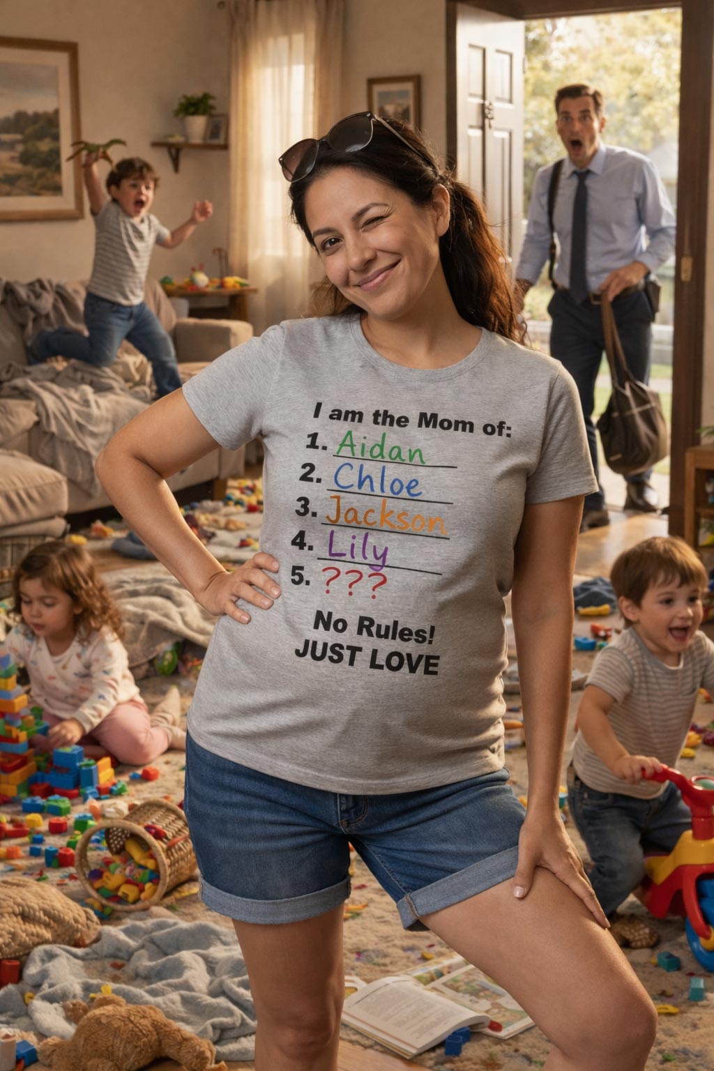 Proud woman amidst chaos wearing the I am the mom of no rules just love shirt for families.