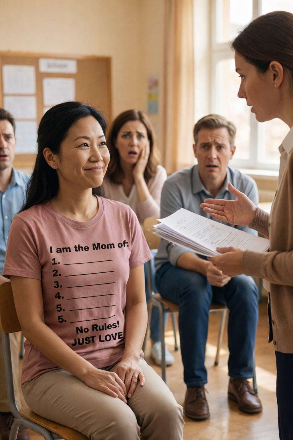 Calm mother smiling indoors wearing the I am the mom of no rules just love tee embracing connections.