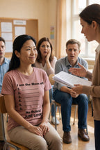 Calm mother smiling indoors wearing the I am the mom of no rules just love tee embracing connections.
