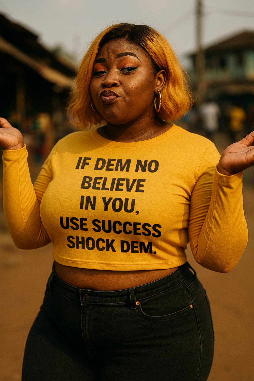 Happy lady shrug shoulders wear if dem no believe in you use success shock dem crop top.