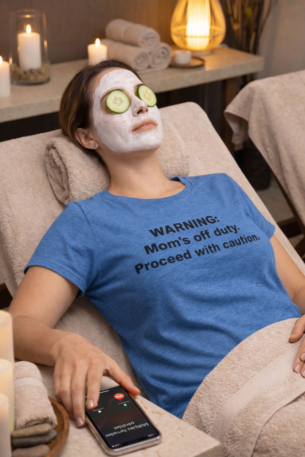 Relaxed woman with face mask wearing warning mom's off duty proceed with caution shirt for tired mothers.