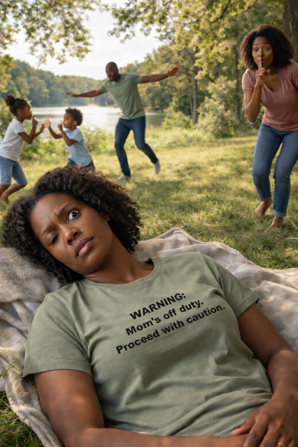 Mother resting on the grass wearing the warning mom's off duty proceed with caution tee claiming peaceful moments.