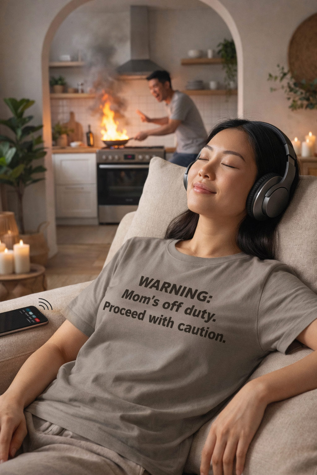 Calm woman wearing headphones in the warning mom's off duty proceed with caution shirt ignoring background chaos.