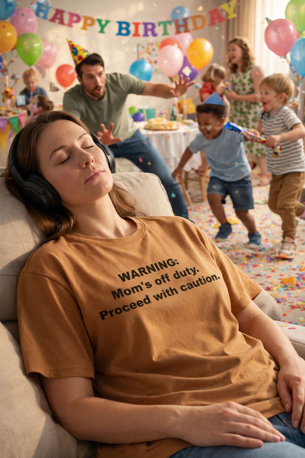 Mother sleeping through a chaotic party wearing warning mom's off duty proceed with caution tee making funny gifts.