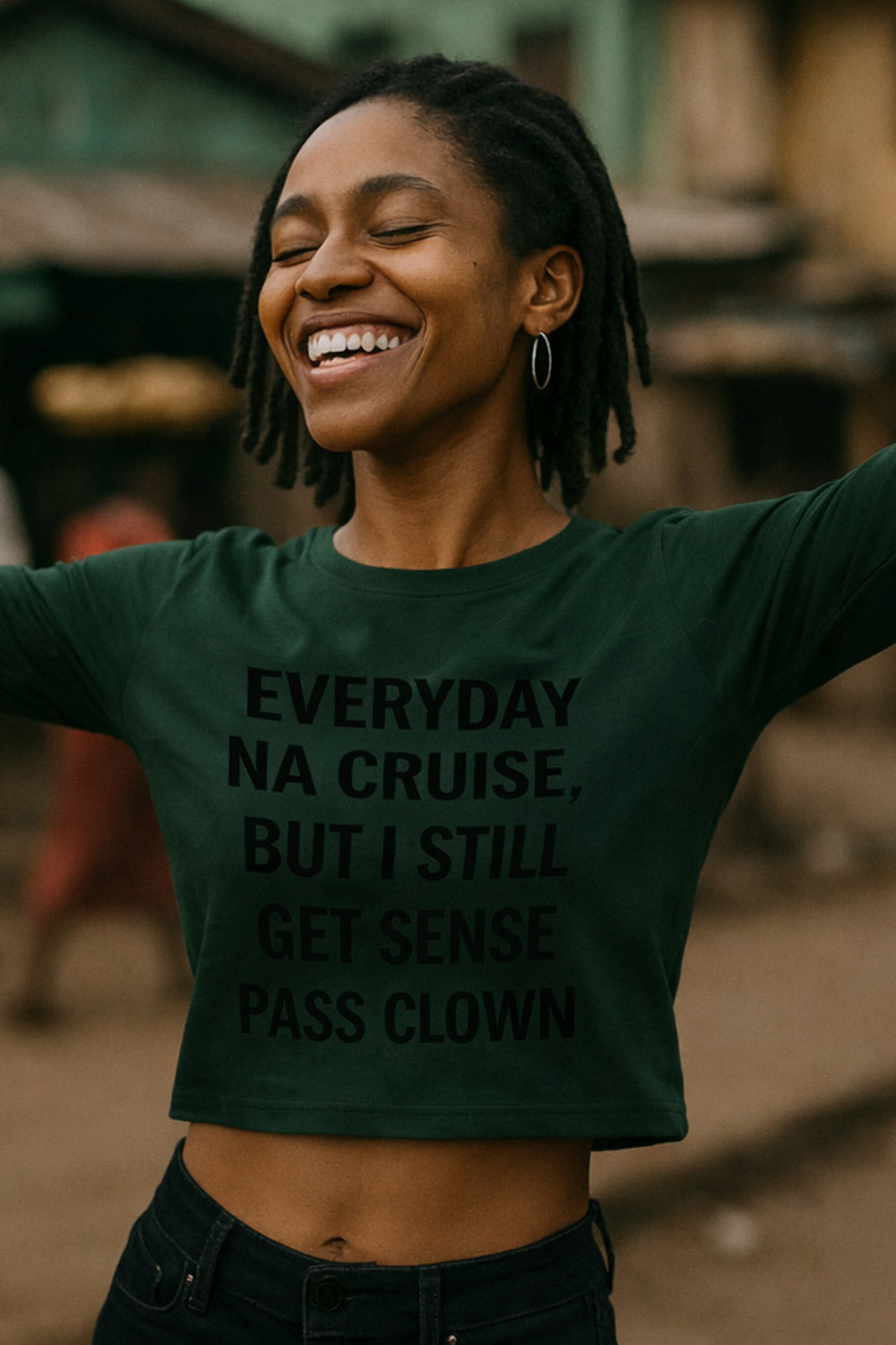 Happy woman laugh wear everyday na cruise but i still get sense pass clown crop top.