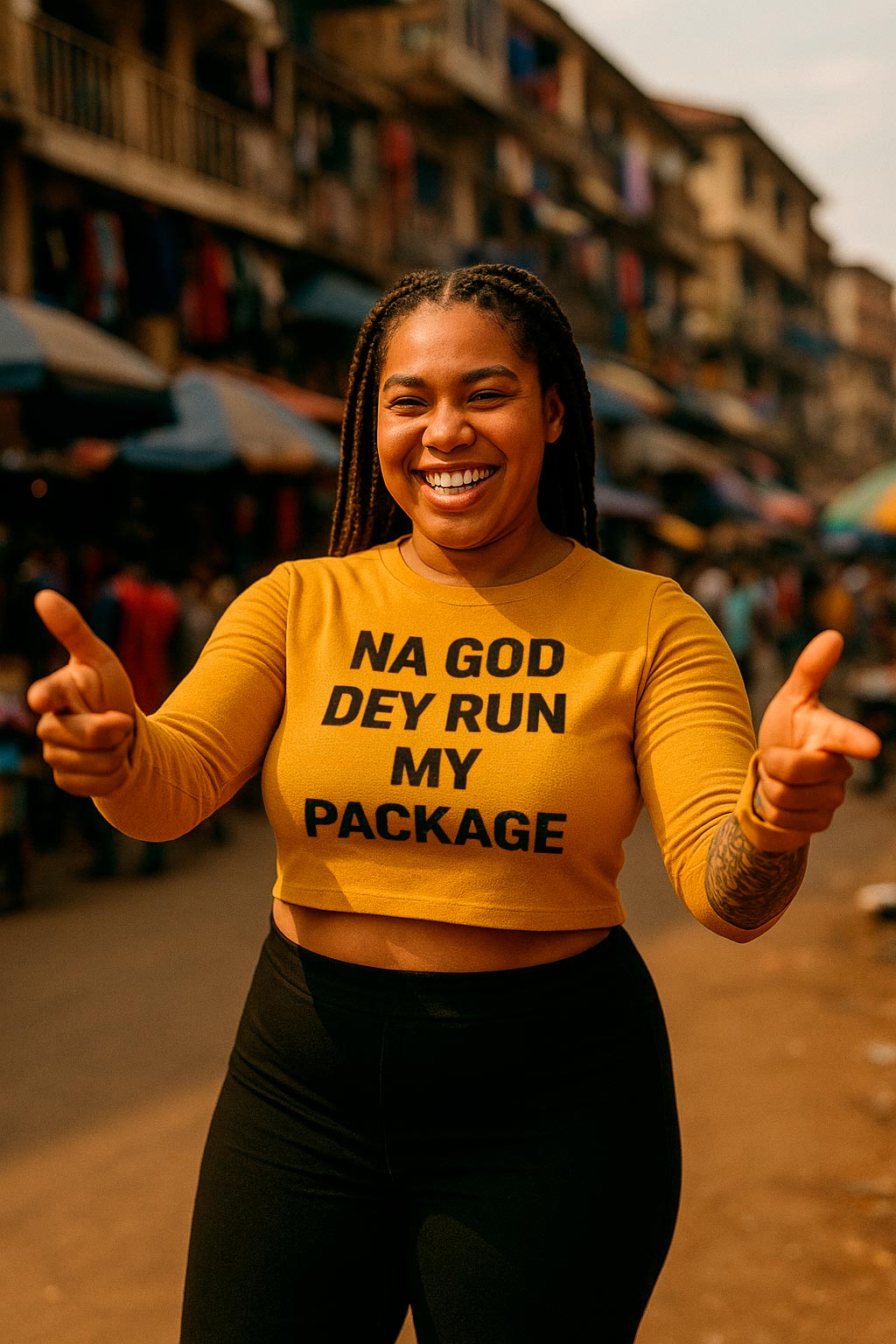 Happy woman point finger wear na god dey run my package top as her back bone strong.
