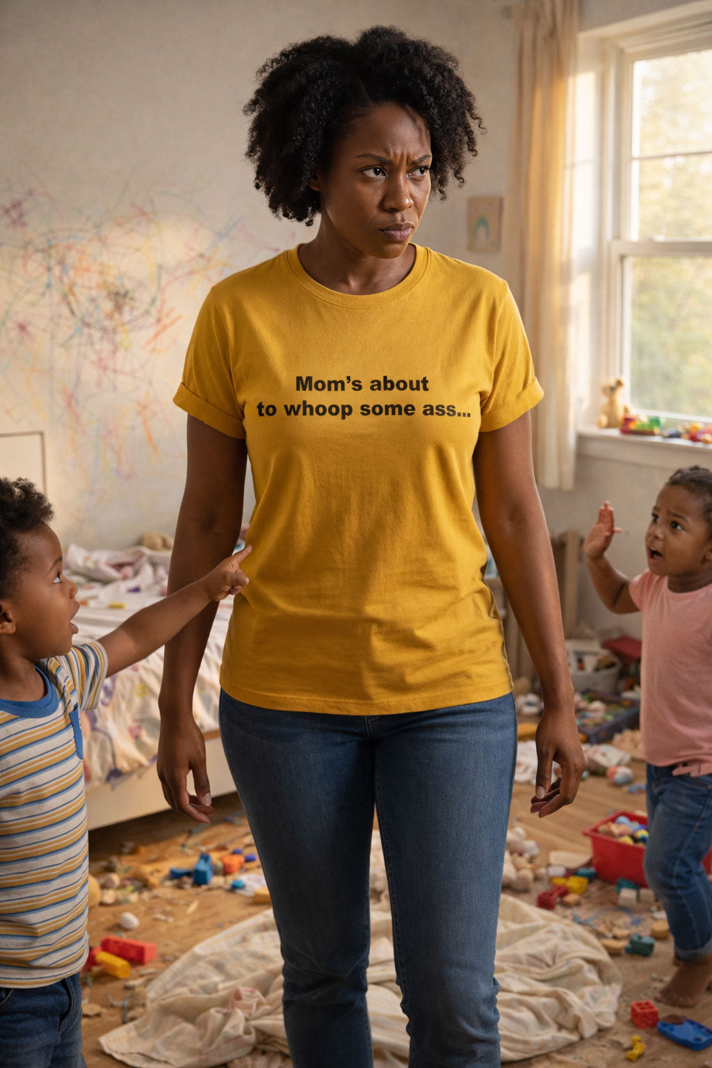 Frustrated woman standing in a messy room wearing moms about to whoop some ass shirt for tired mothers.