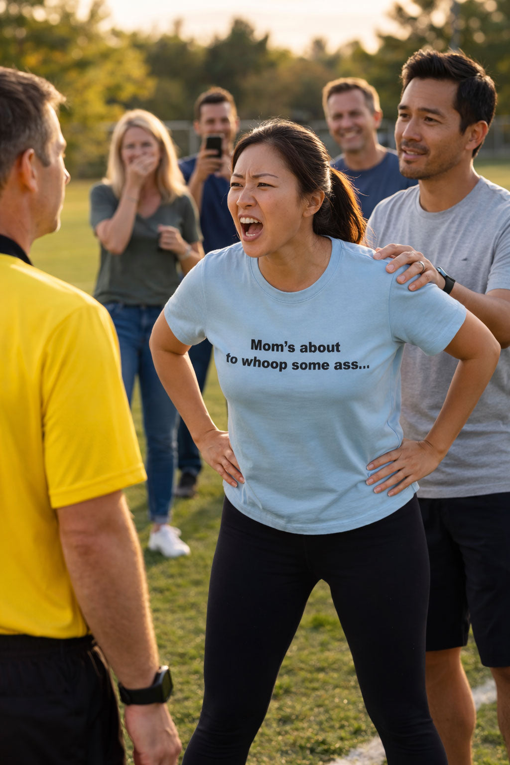 Angry mother yelling on a sports field wearing moms about to whoop some ass tee a funny gift.