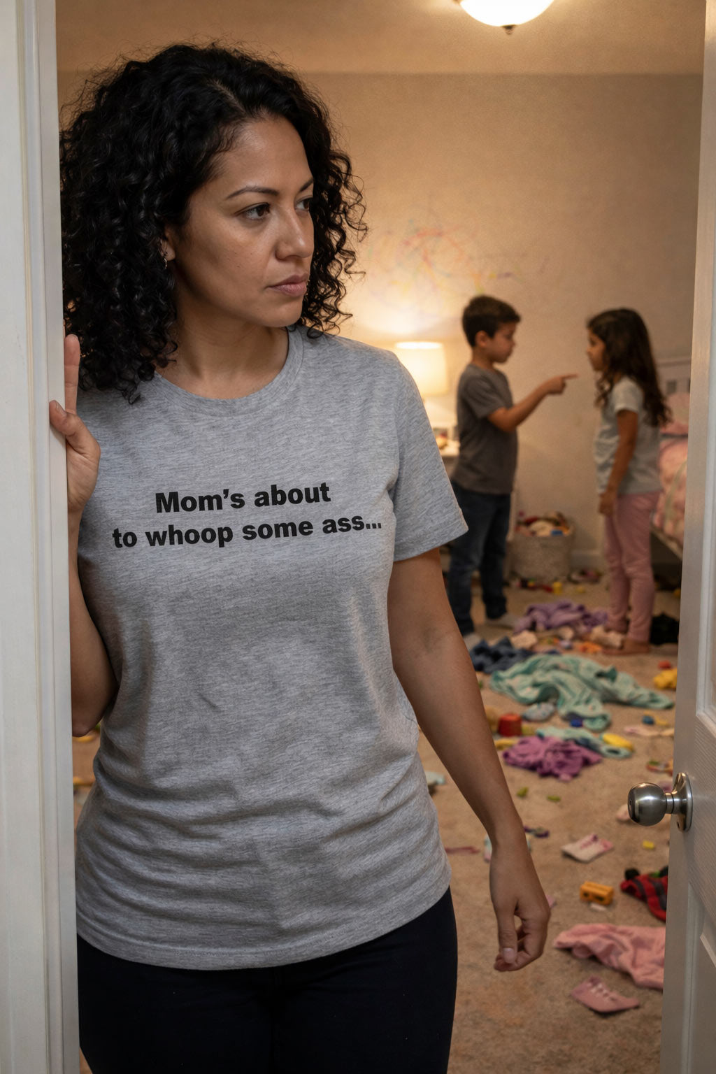 Annoyed woman watching kids fighting wearing moms about to whoop some ass shirt restoring peace for mothers.