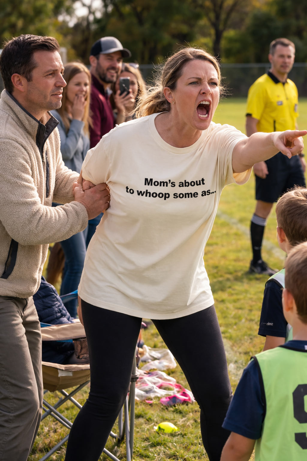 Furious mother pointing at a game in moms about to whoop some ass tee ideal for tired parents.
