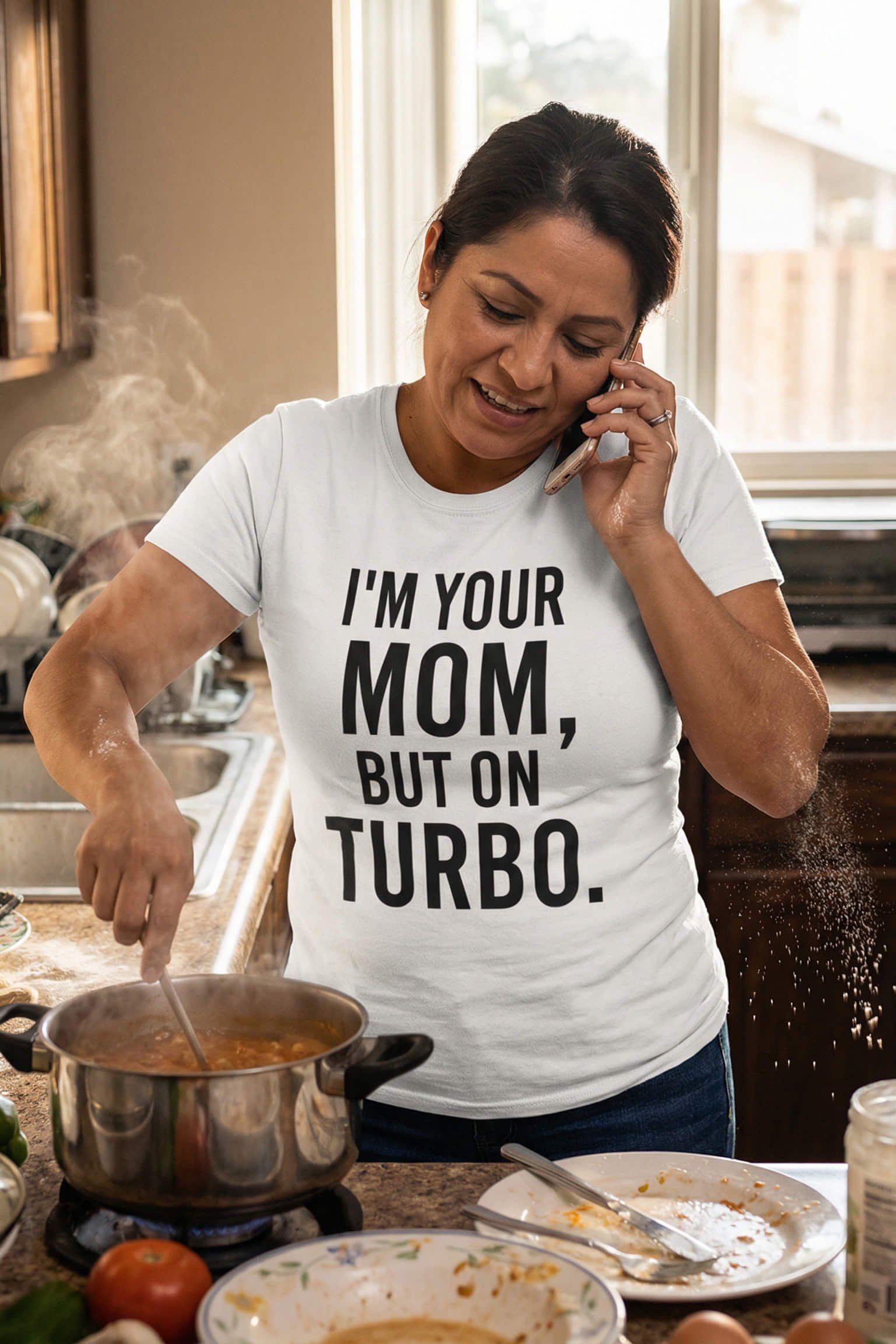 Busy woman cooking wearing I'm your mom but on turbo handling a million things, ideal mother gift.