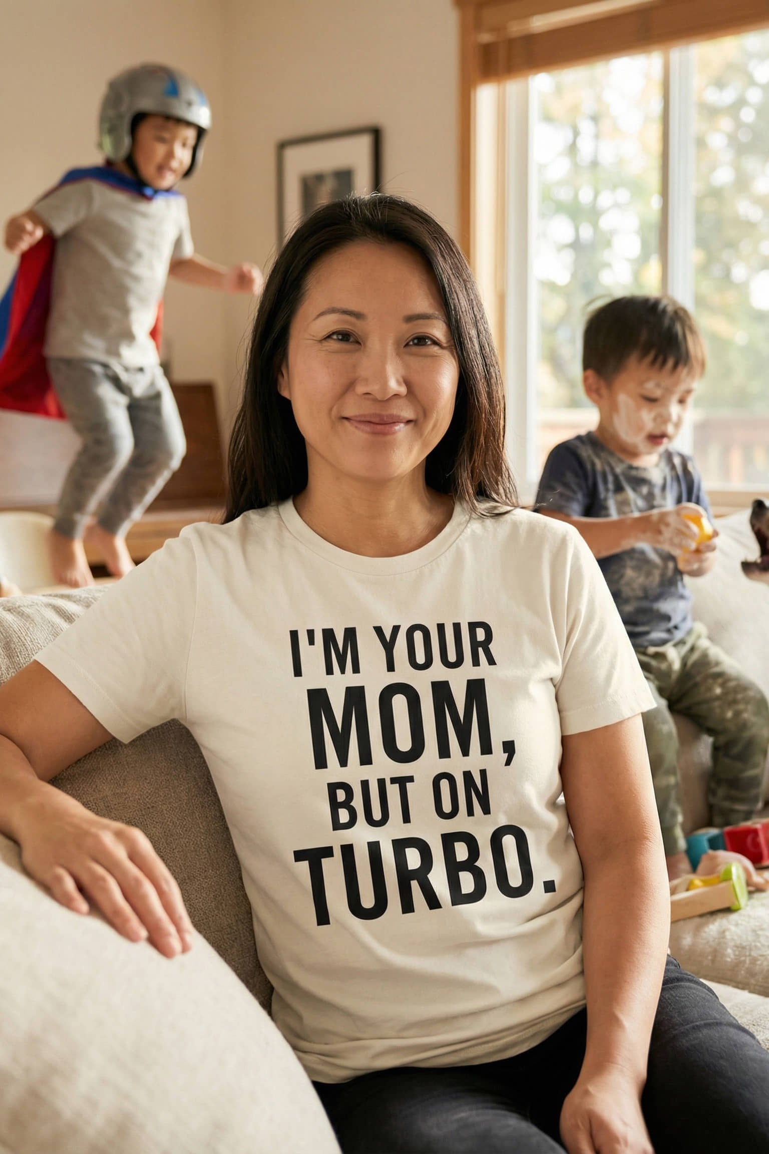 Calm mother resting wearing I'm your mom but on turbo managing endless momentum, a perfect mom gift.