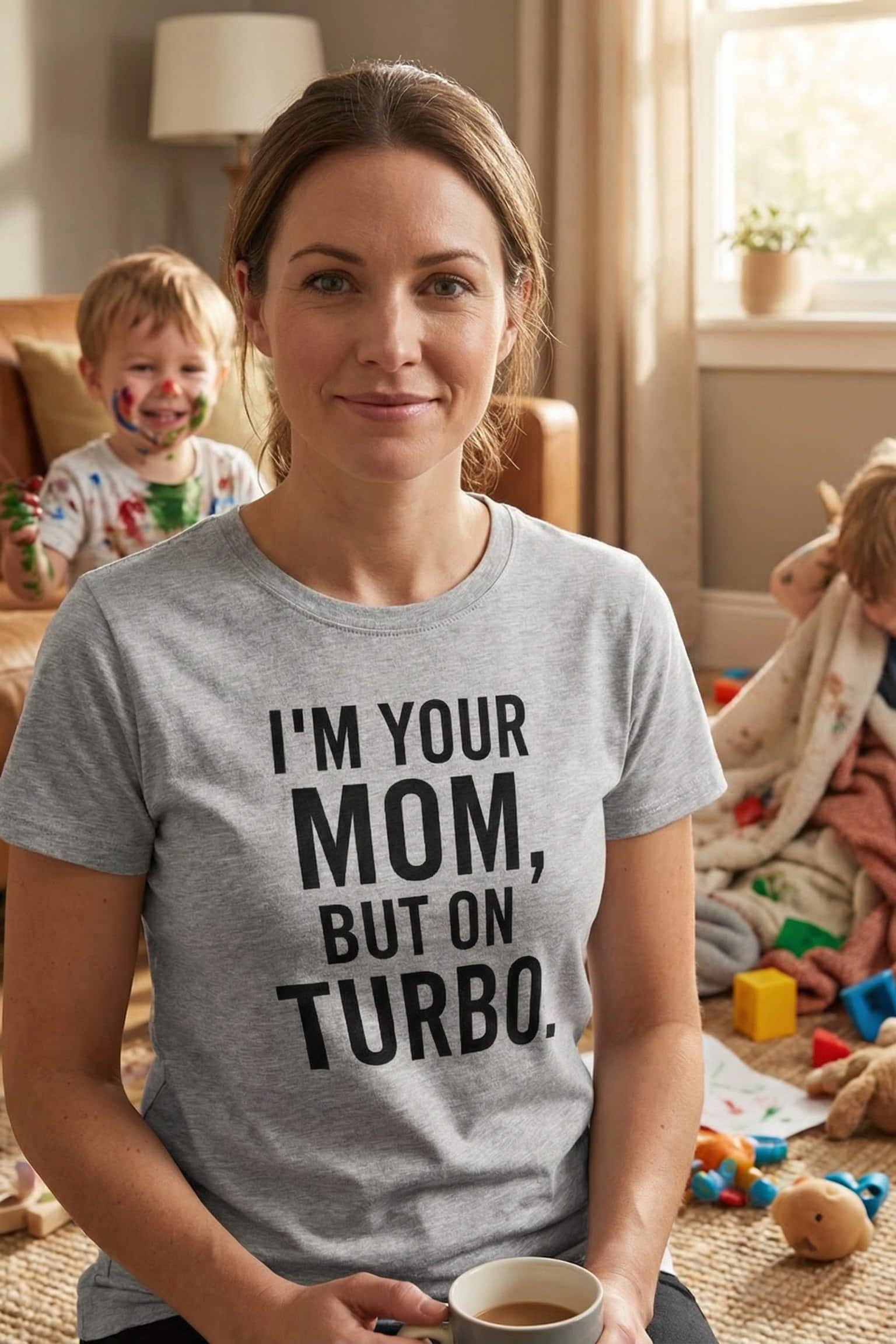 Relaxed woman drinking coffee wearing I'm your mom but on turbo taking a break, ideal mom gift.