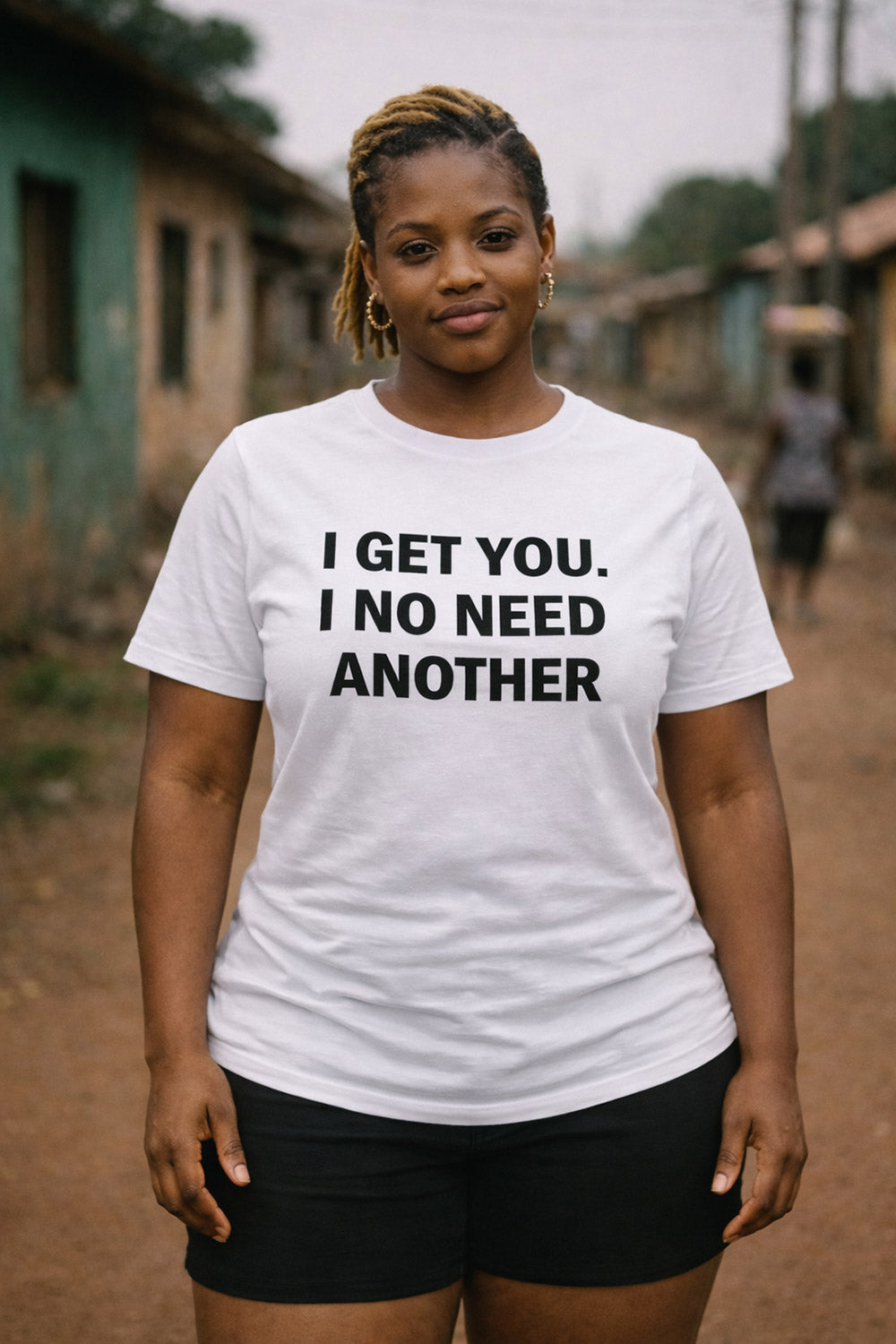 Relaxed woman standing in I get you I no need another with sweet peace of mind meaningful gift.