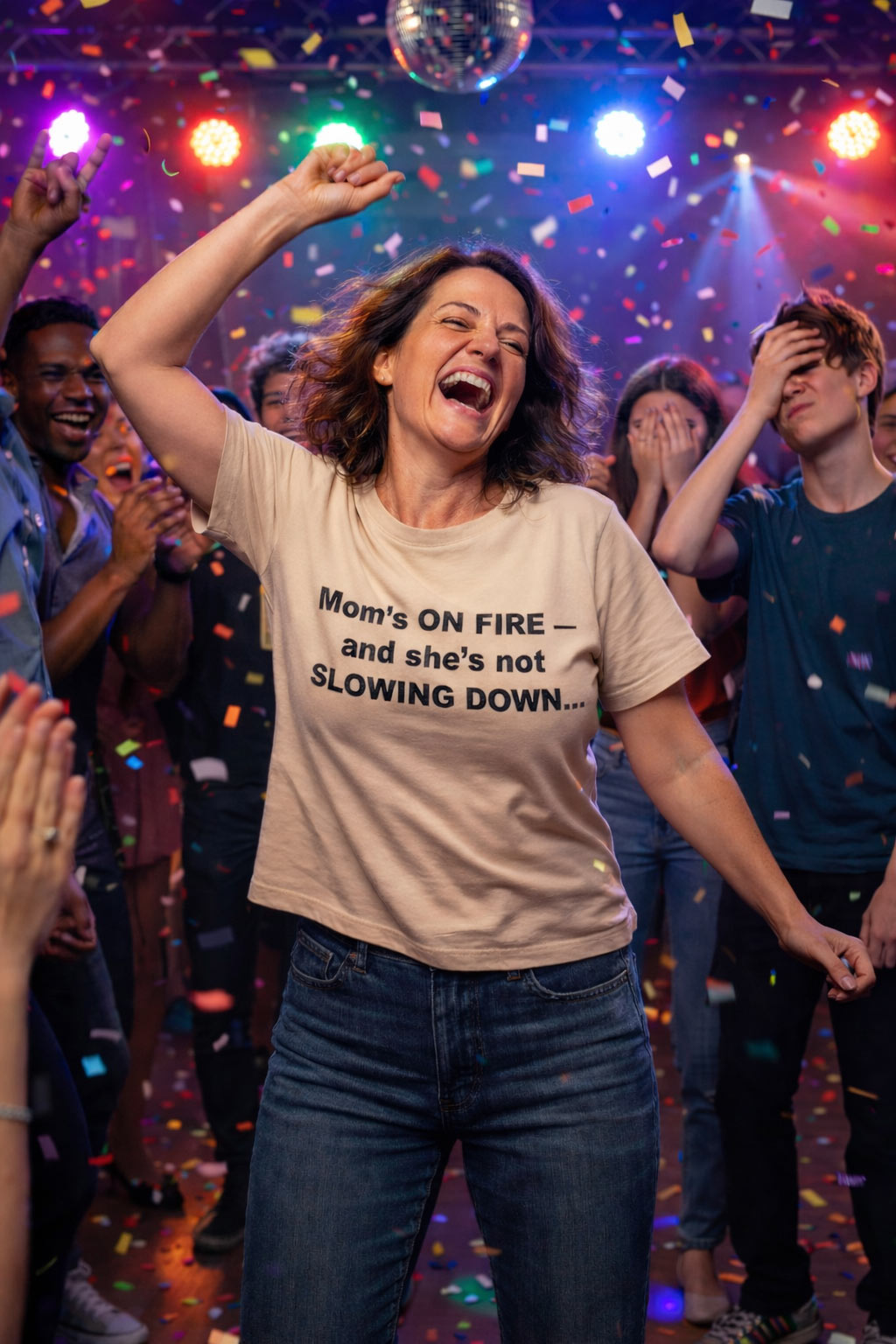 Joyful woman dancing under lights wearing mom's on fire and she's not slowing down shirt ideal for friends.