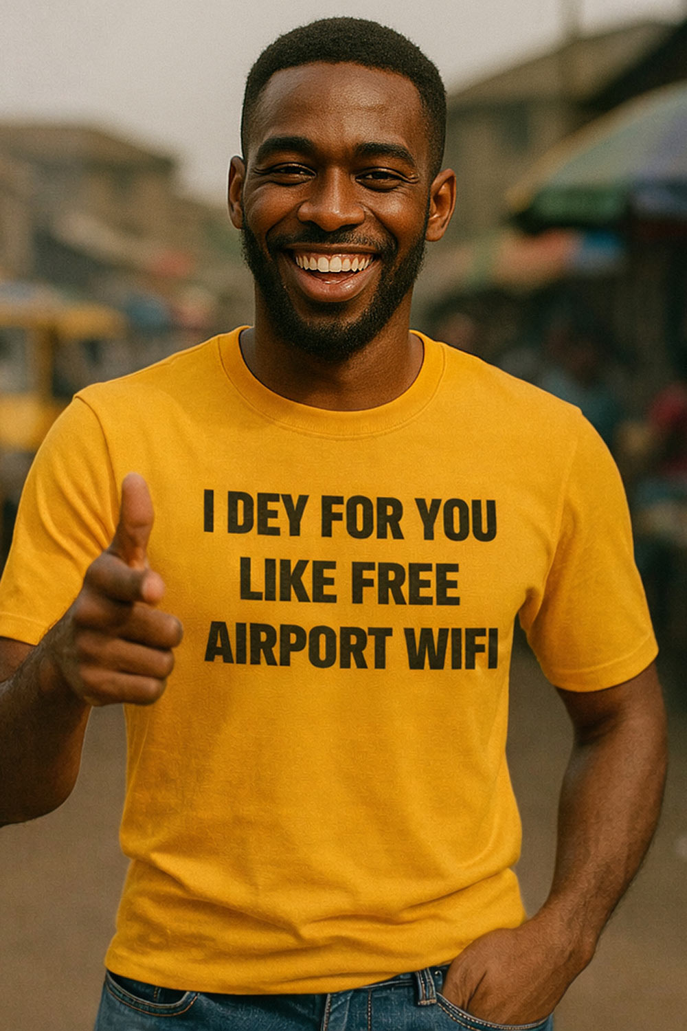 Happy man pointing at you in I dey for you like free airport wifi feeling steady like light.