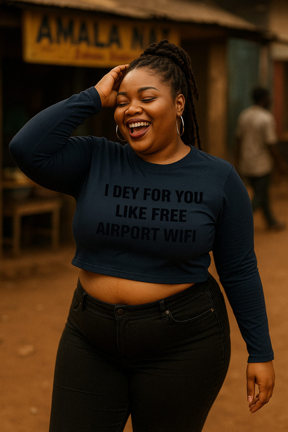 Smiling woman in navy I dey for you like free airport wifi enjoying quiet loyalty meaningful gift.