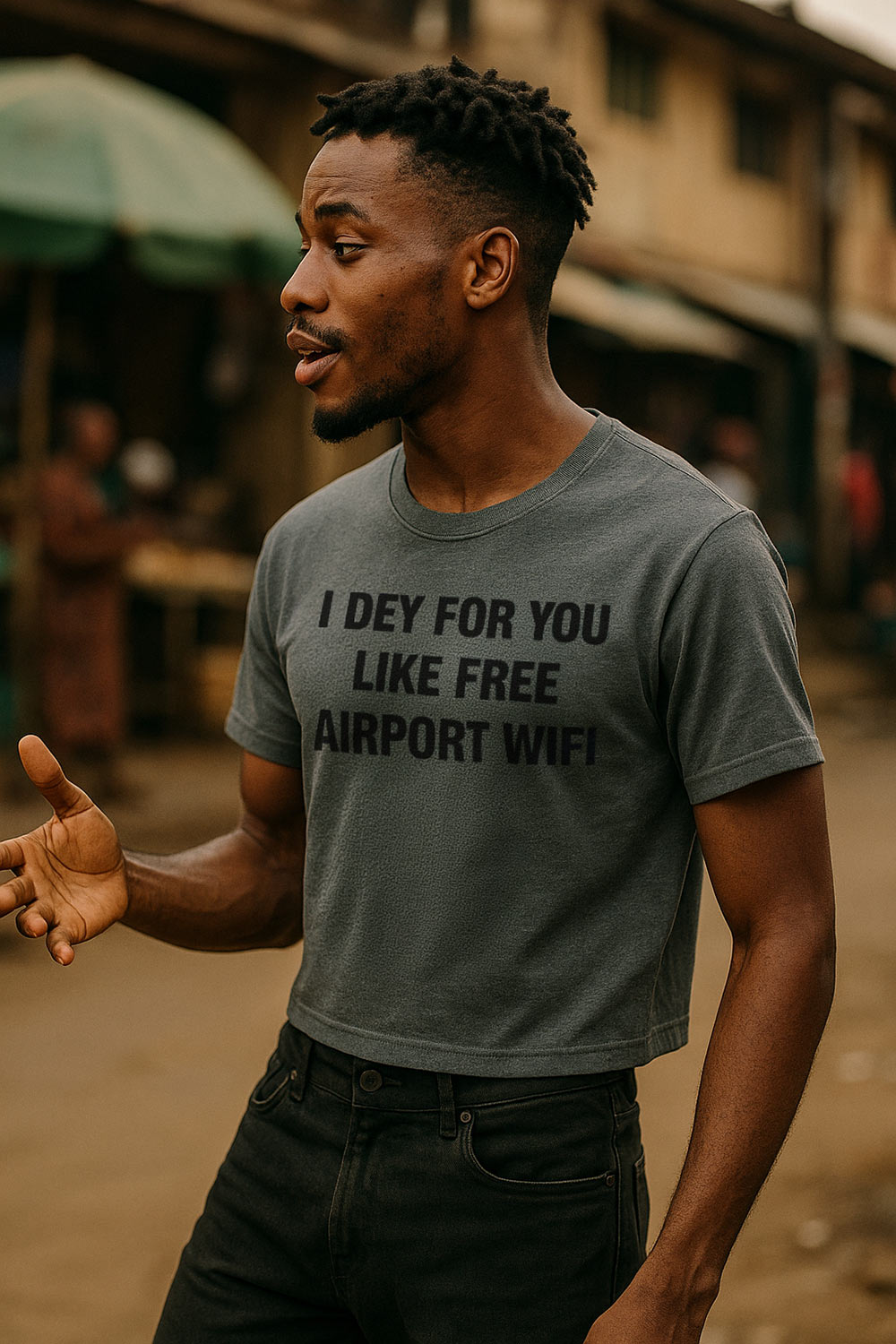 Serious man gesturing wearing I dey for you like free airport wifi feeling priceless sincere heart connection.