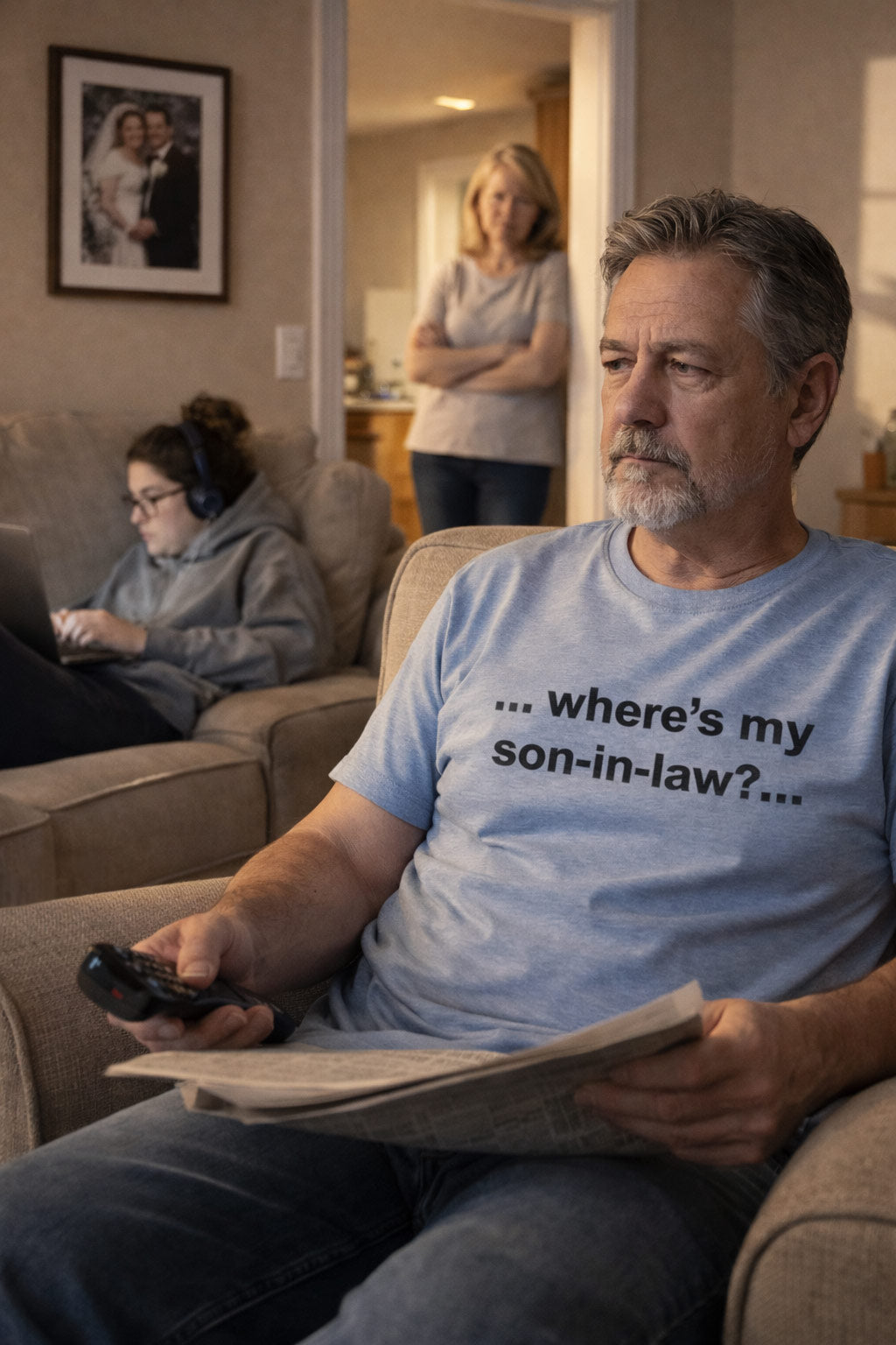 Man watching TV on the couch wearing where's my son-in-law shirt highlighting genuine bonds with partners.