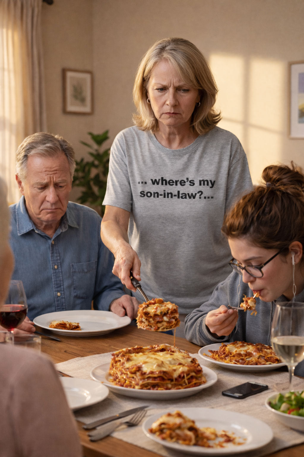 Serious woman serving dinner wearing where's my son-in-law tee creating amusing family expectations.