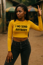Serious woman showing hand in I no send anybody yellow top feeling true peace perfect gift.
