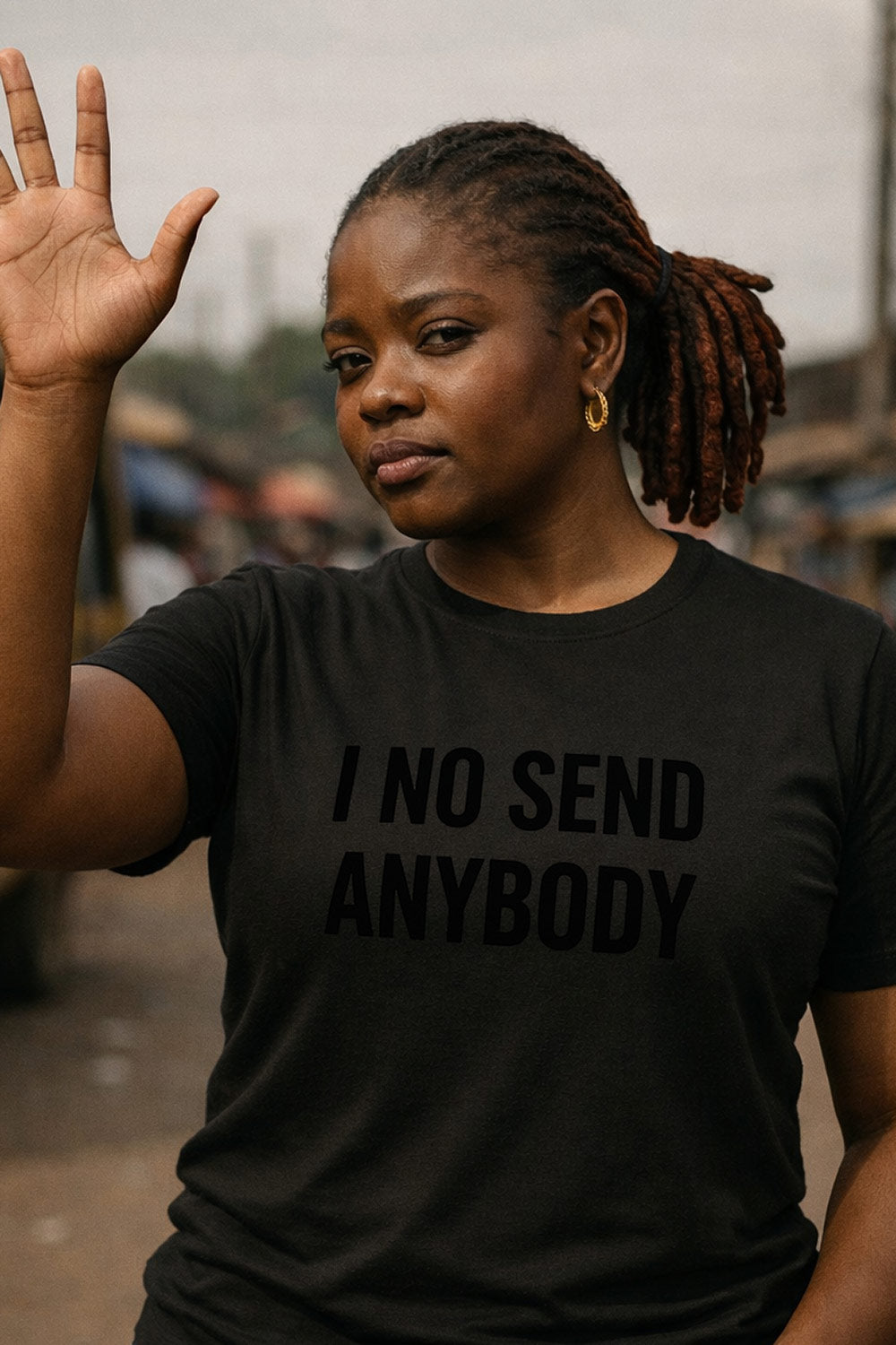 Relaxed woman waving hand in I no send anybody knowing her happiness matter perfect gift.