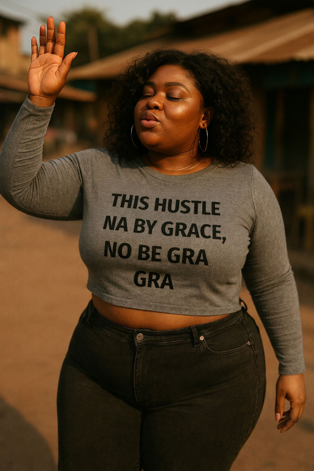 Relaxed woman vibing in this hustle na by grace no be gra gra feeling calm spirit inside.