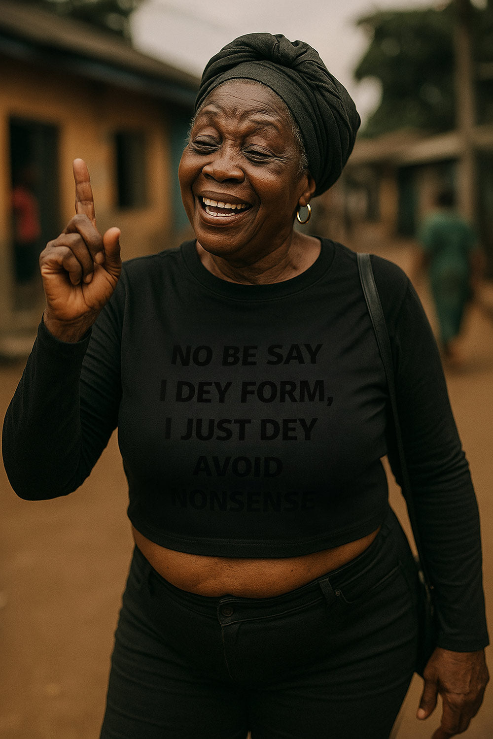 Smiling woman pointing in no be say I dey form I just dey avoid nonsense keeping space clean.
