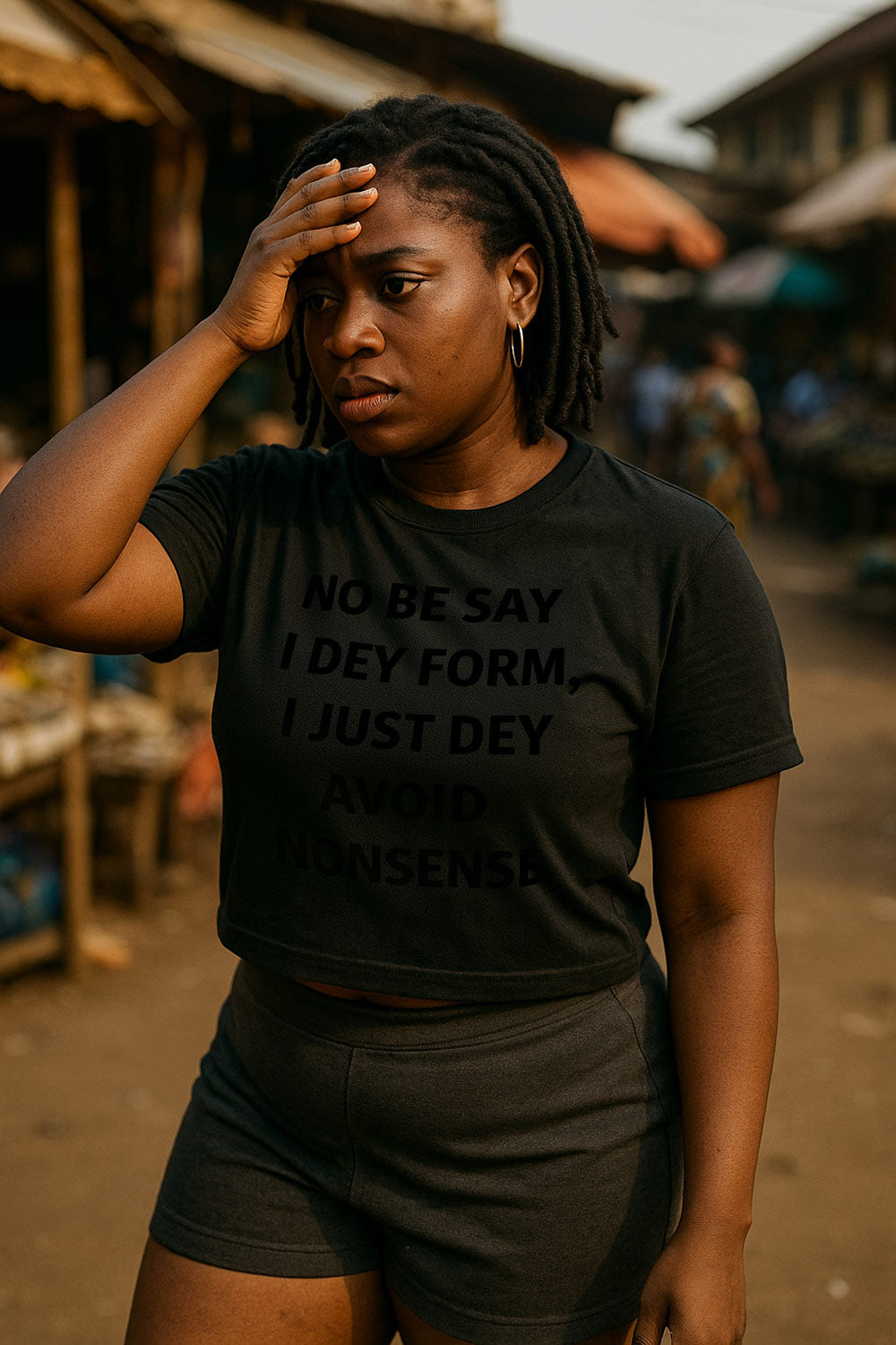 Tired woman holding head in no be say I dey form I just dey avoid nonsense keeping peace.