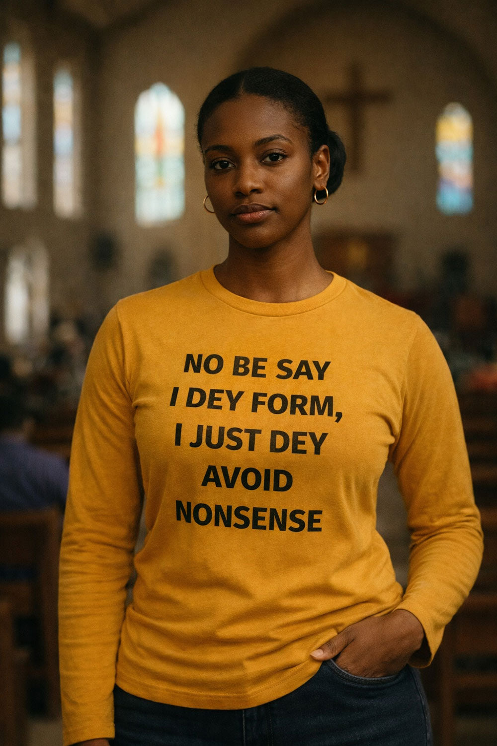 Serious woman standing in no be say I dey form I just dey avoid nonsense maintaining boundaries.