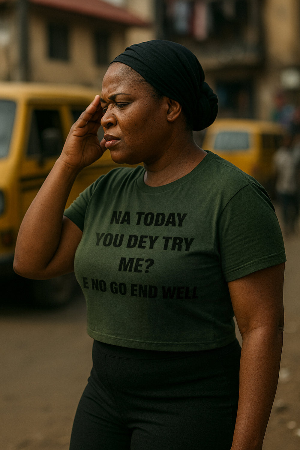 Tired woman holding head in na today you dey try me e no go end well protecting peace.