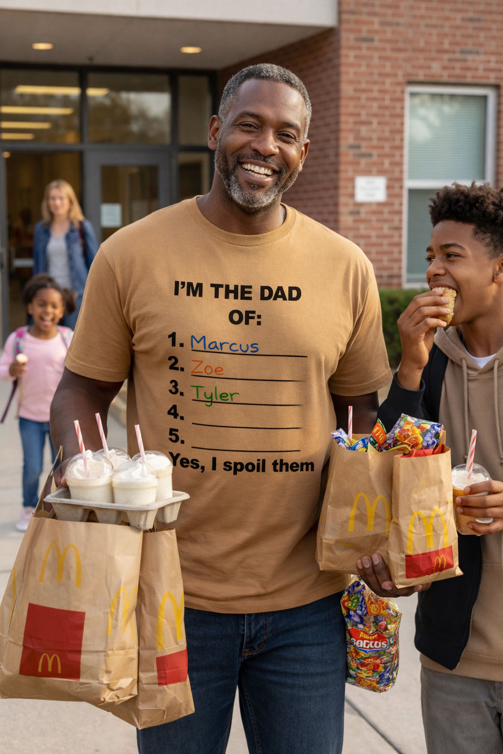Happy father carrying fast food wearing the I'm the dad of yes I spoil them shirt for parents.