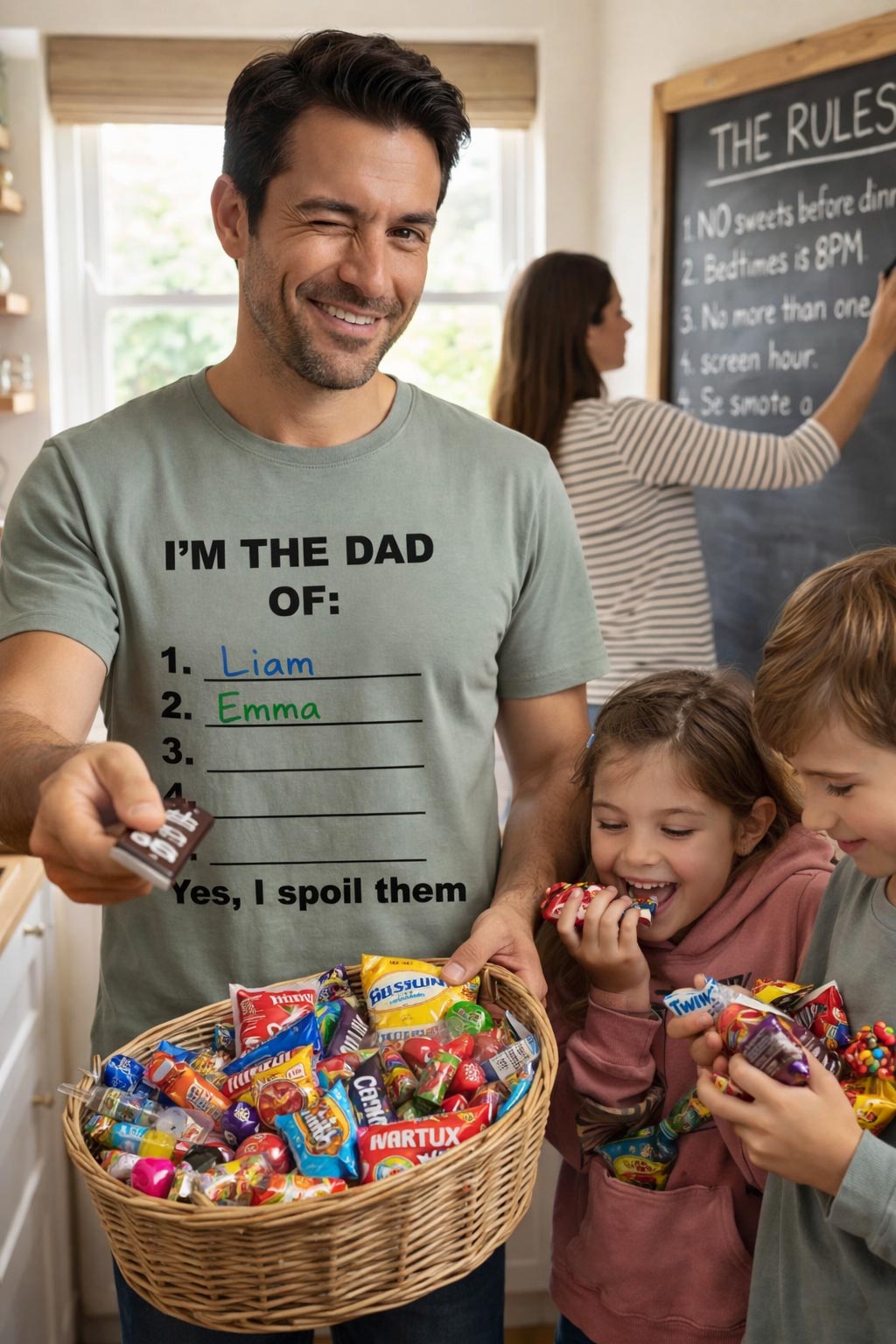Winking man holding a basket of treats wearing I'm the dad of yes I spoil them tee.